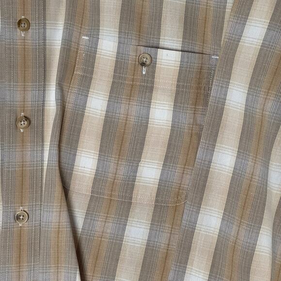 VTG Eddie Bauer Men’s M Button Front Shirt Beige Brown Tan Plaid Long Sleeve EUC - Picture 4 of 9